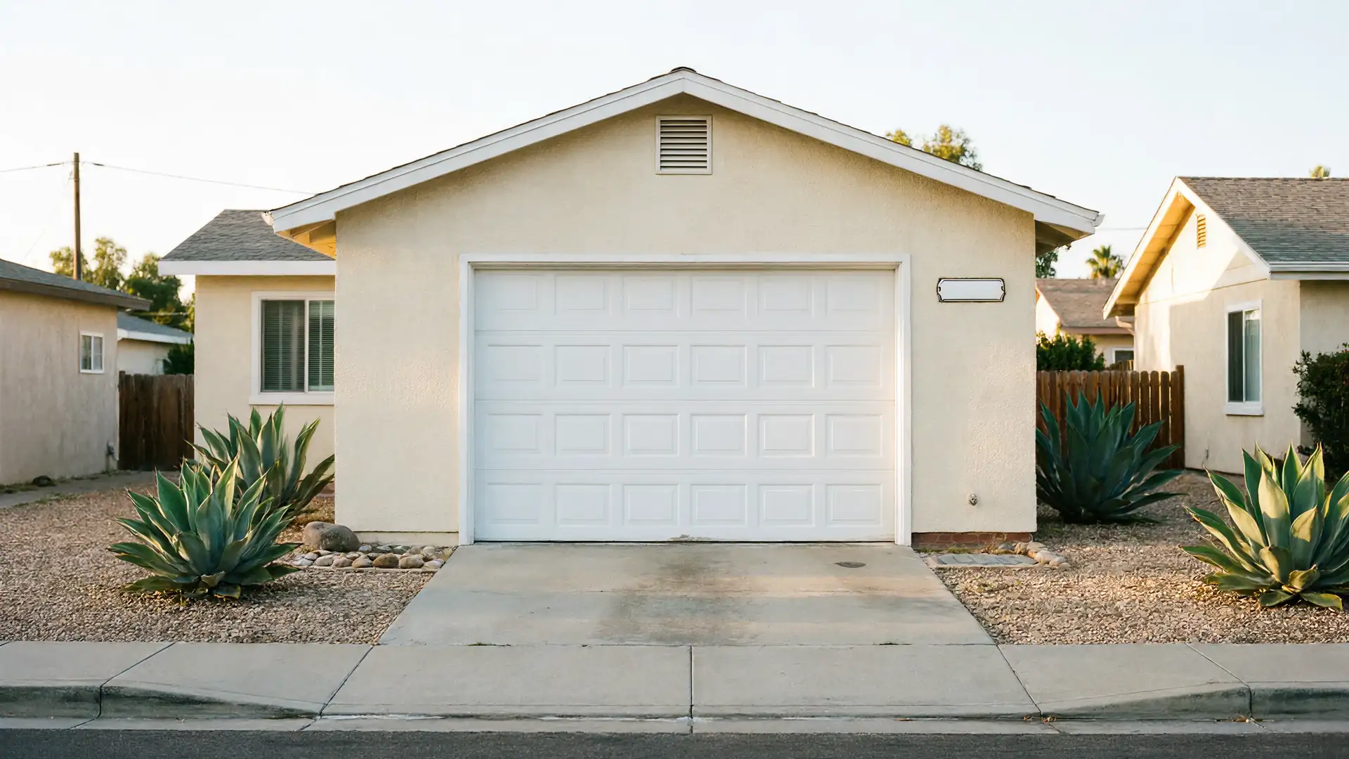 A white paneled garage door is centered on a light-colored house with agave plants.