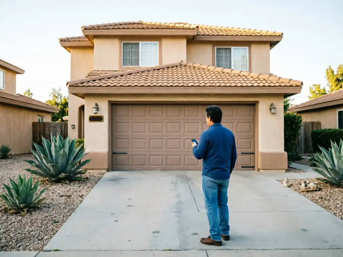 A man stands in a driveway looking at his phone in front of a house with a brown garage door.