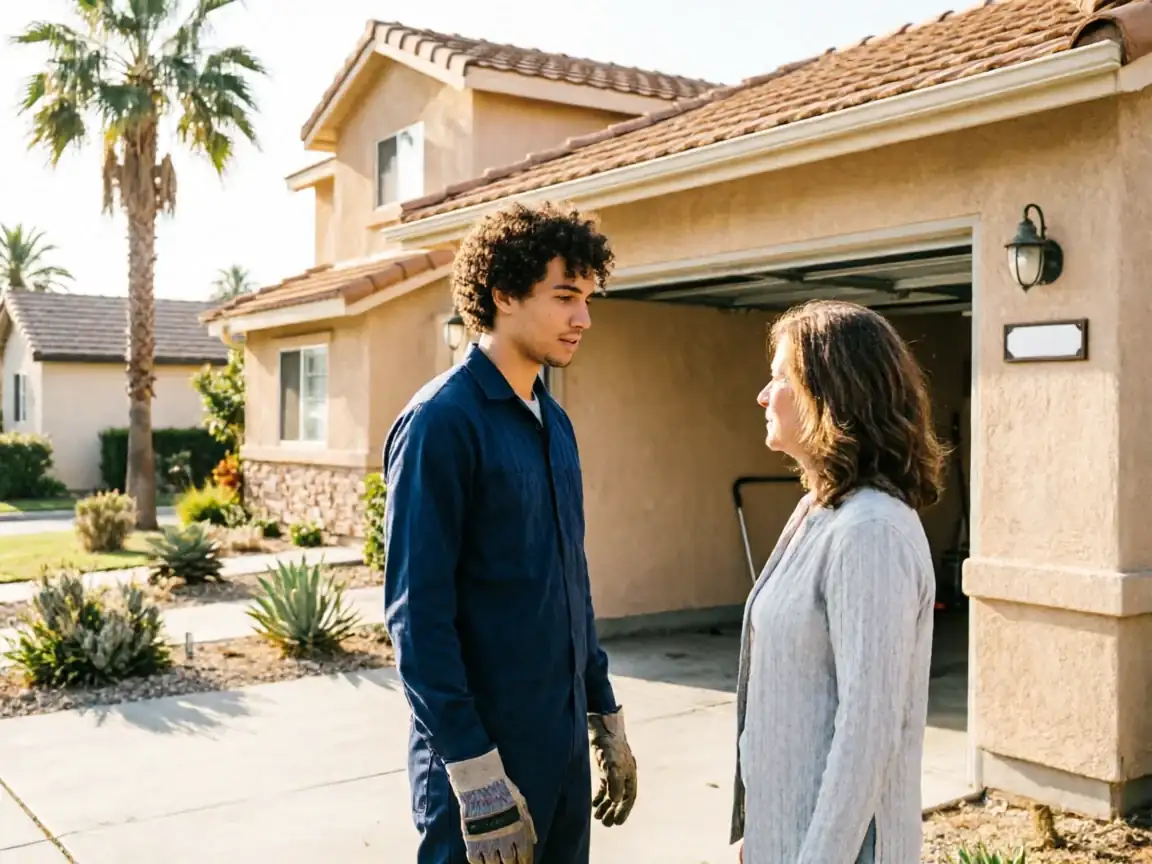 A technician in a blue uniform talks to a woman in front of a house.