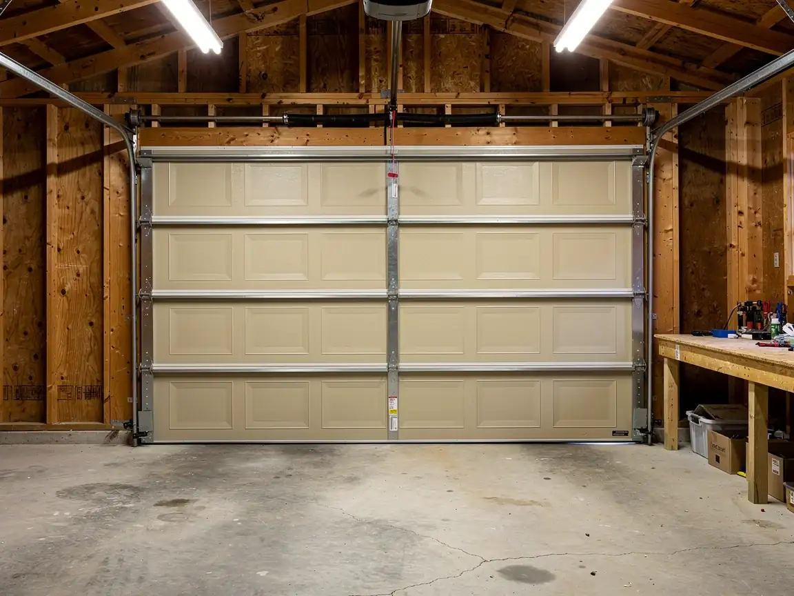 A closed beige garage door is centered in a wooden garage with a concrete floor.