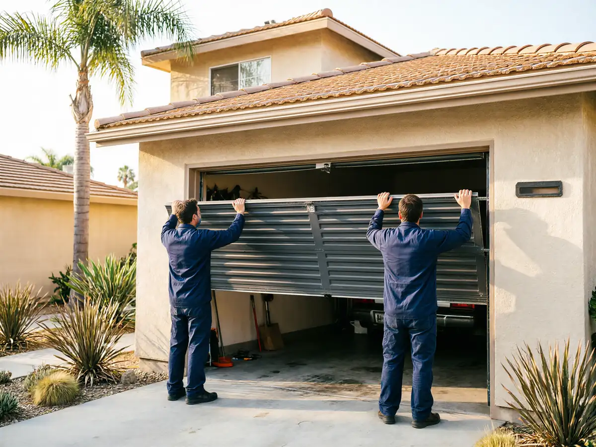 Two technicians in blue uniforms install a garage door panel.