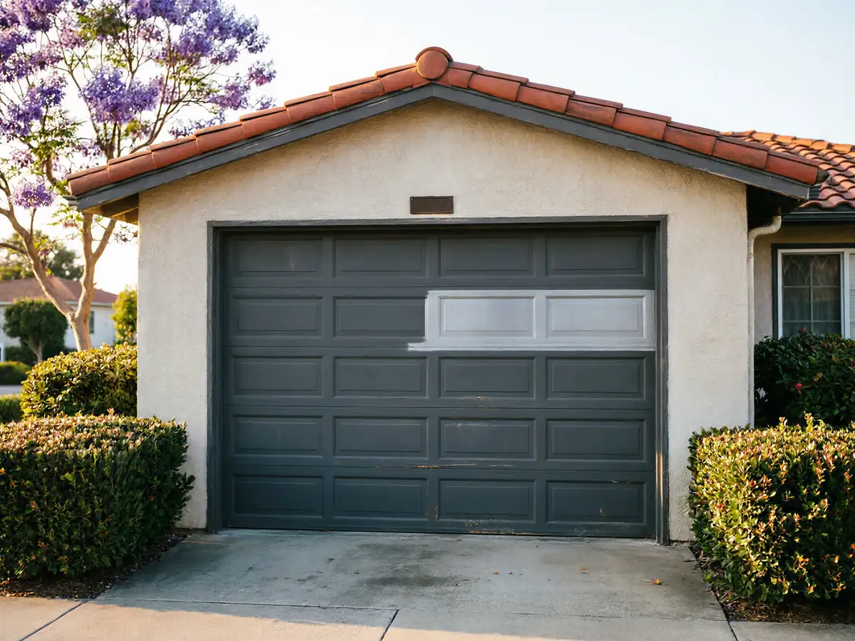 A dark gray garage door has a light gray panel on a stucco house.